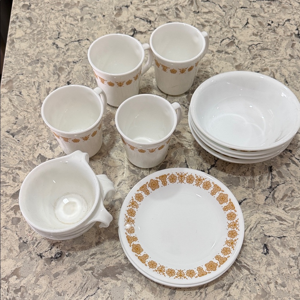Corelle White Stoneware Set with Vintage Gold Floral Border